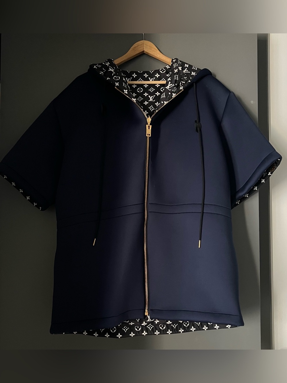 Louis Vuitton Navy Short-Sleeve Reversible Monogram Coat with Zip Up Hood